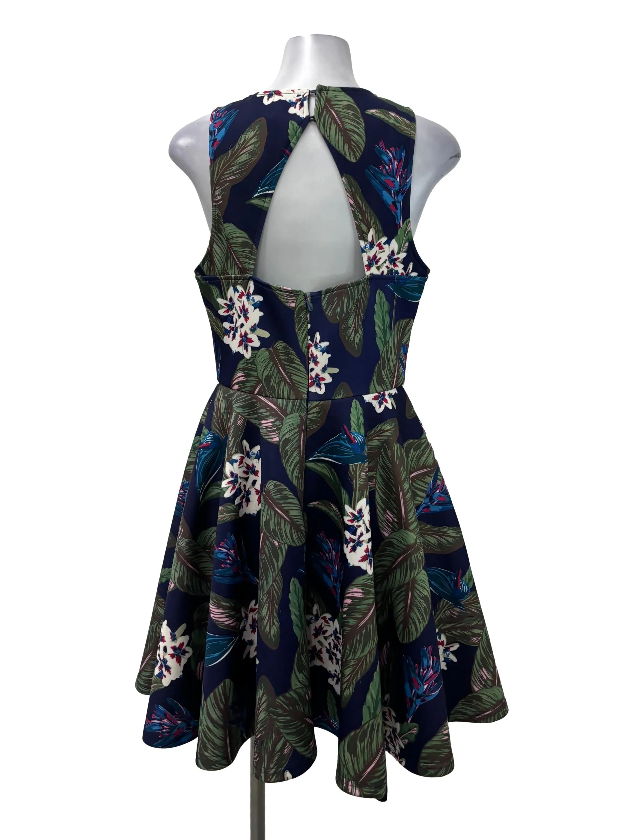 Navy Blue Tropical Print Roundneck Mini Dress LB