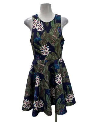 Navy Blue Tropical Print Roundneck Mini Dress LB
