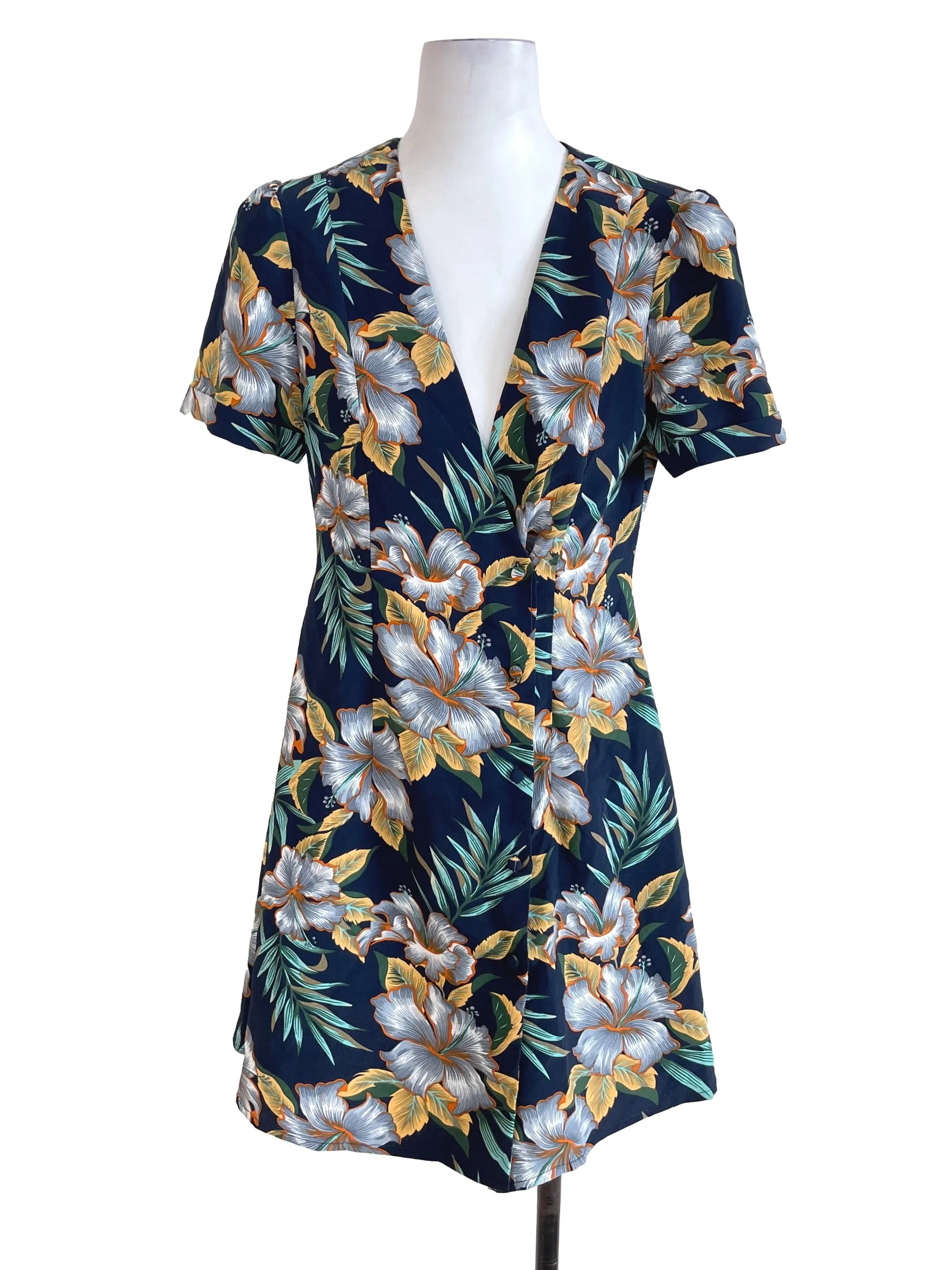 Navy Blue Tropical Print Shirt Dress