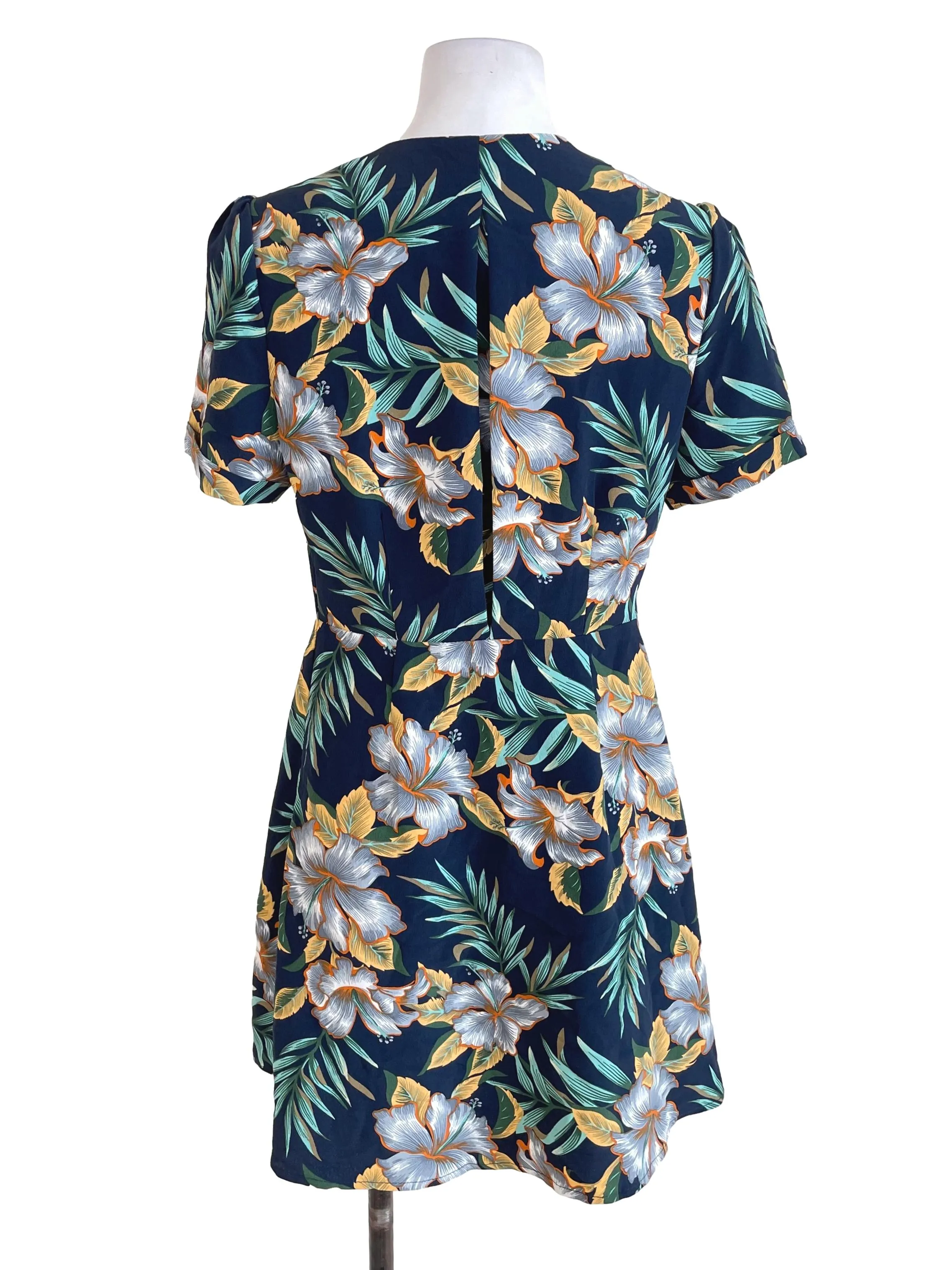 Navy Blue Tropical Print Shirt Dress