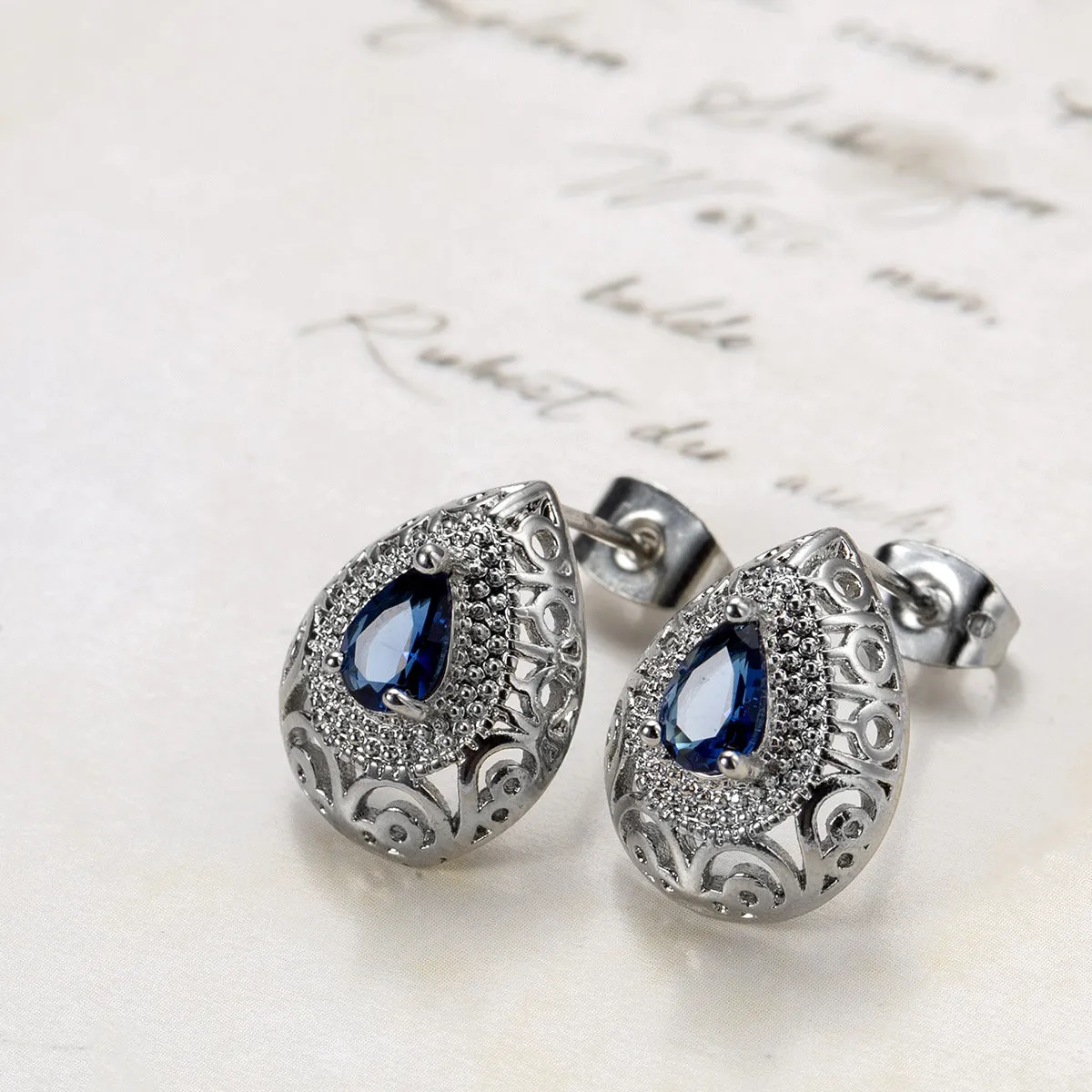 Navy Crystal & Silver-Plated Filigree Pear-Cut Stud Earrings