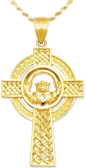 New Ladies 1 1/3in 14k Yellow Gold Irish Claddagh Cross Pendant Necklace