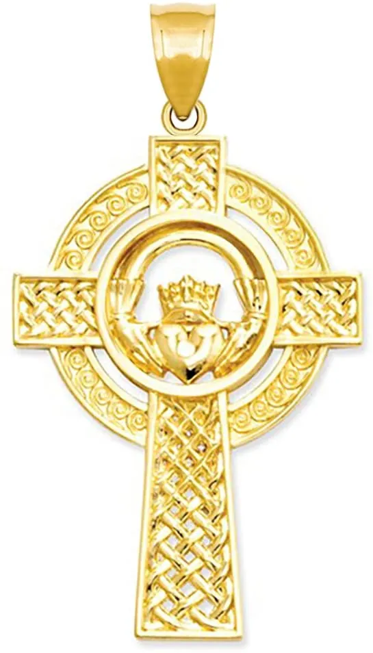 New Ladies 1 1/3in 14k Yellow Gold Irish Claddagh Cross Pendant Necklace