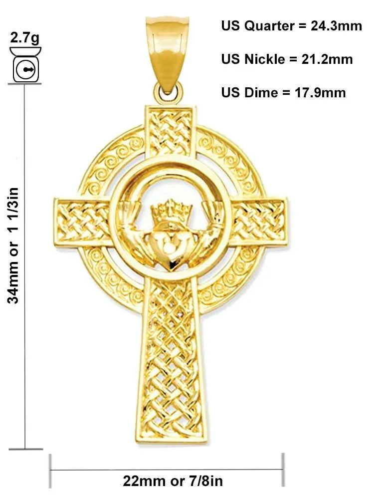 New Ladies 1 1/3in 14k Yellow Gold Irish Claddagh Cross Pendant Necklace