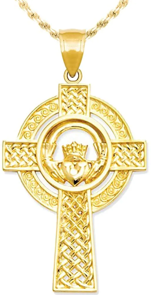 New Ladies 1 1/3in 14k Yellow Gold Irish Claddagh Cross Pendant Necklace