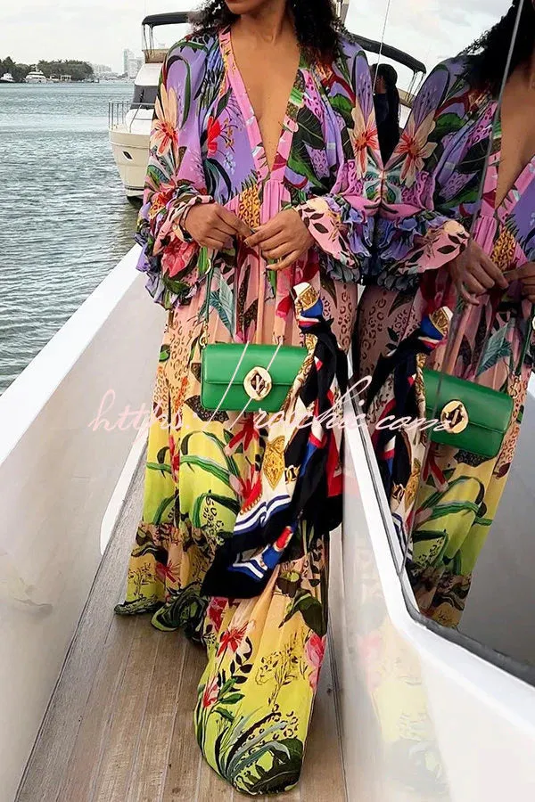 NEW Retails $69, Jessy Tropical Print Tiered Ruffle Balloon Sleeve Vacation Maxi Dress, Sz M