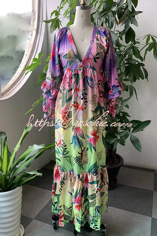 NEW Retails $69, Jessy Tropical Print Tiered Ruffle Balloon Sleeve Vacation Maxi Dress, Sz M