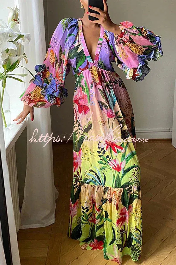 NEW Retails $69, Jessy Tropical Print Tiered Ruffle Balloon Sleeve Vacation Maxi Dress, Sz M