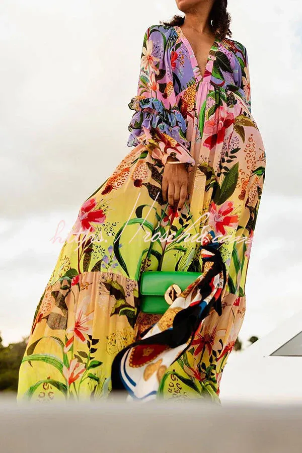 NEW Retails $69, Jessy Tropical Print Tiered Ruffle Balloon Sleeve Vacation Maxi Dress, Sz M