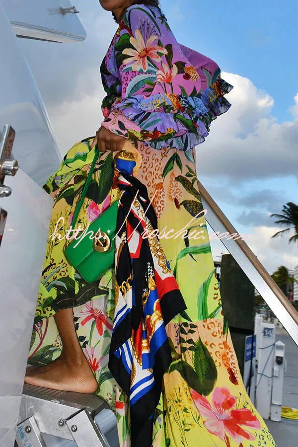 NEW Retails $69, Jessy Tropical Print Tiered Ruffle Balloon Sleeve Vacation Maxi Dress, Sz M