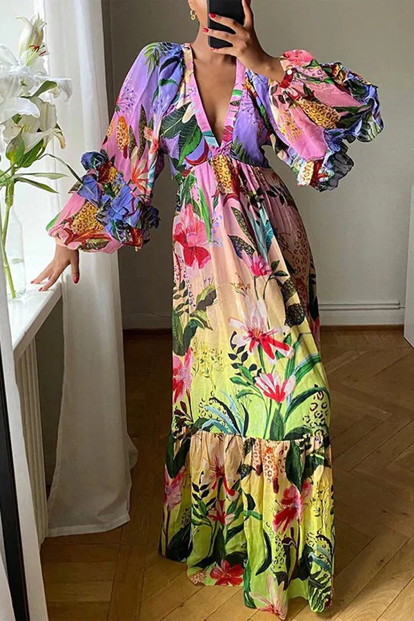 NEW Retails $69, Jessy Tropical Print Tiered Ruffle Balloon Sleeve Vacation Maxi Dress, Sz M