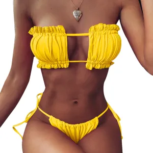 New with tags! ZAFUL Women's Strapless Ribbed Tie Back Ruffle Cutout Bandeau Bikini Set Swimsuit, Sz 6!