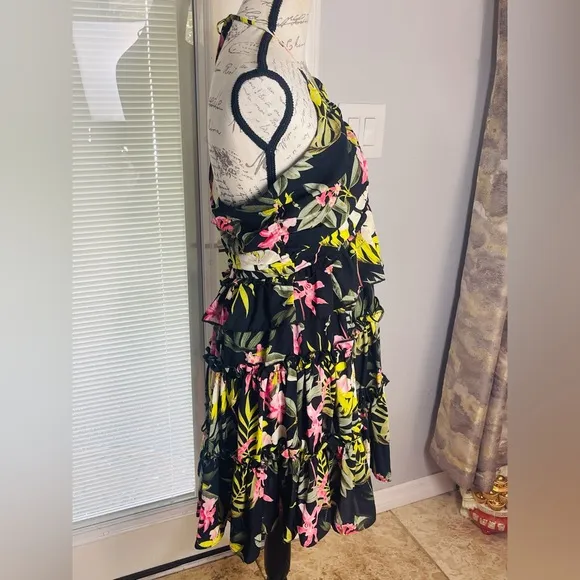 Nicole Miller Ruffled Tropical Floral Halter Neckline Resortwear Mini Dress 12