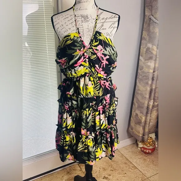 Nicole Miller Ruffled Tropical Floral Halter Neckline Resortwear Mini Dress 12