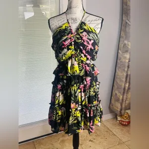 Nicole Miller Ruffled Tropical Floral Halter Neckline Resortwear Mini Dress 12