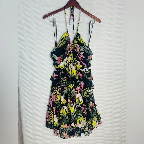 Nicole Miller Ruffled Tropical Floral Halter Neckline Resortwear Mini Dress 12