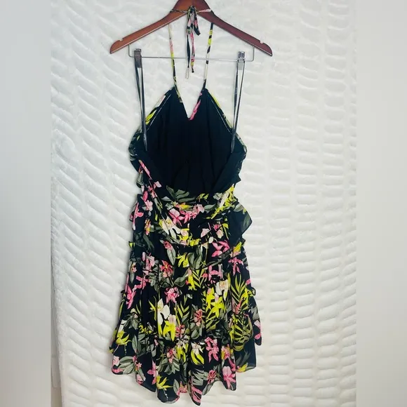 Nicole Miller Ruffled Tropical Floral Halter Neckline Resortwear Mini Dress 12