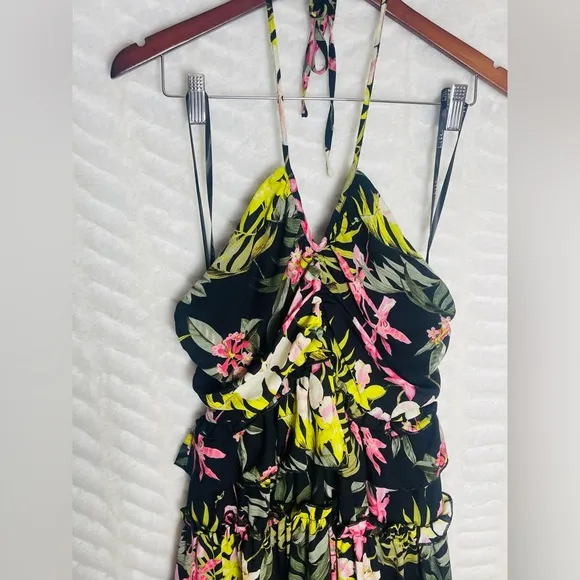 Nicole Miller Ruffled Tropical Floral Halter Neckline Resortwear Mini Dress 12