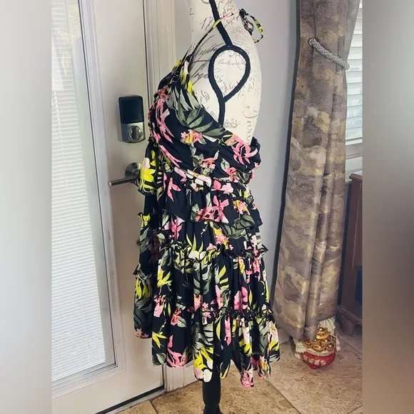 Nicole Miller Ruffled Tropical Floral Halter Neckline Resortwear Mini Dress 12