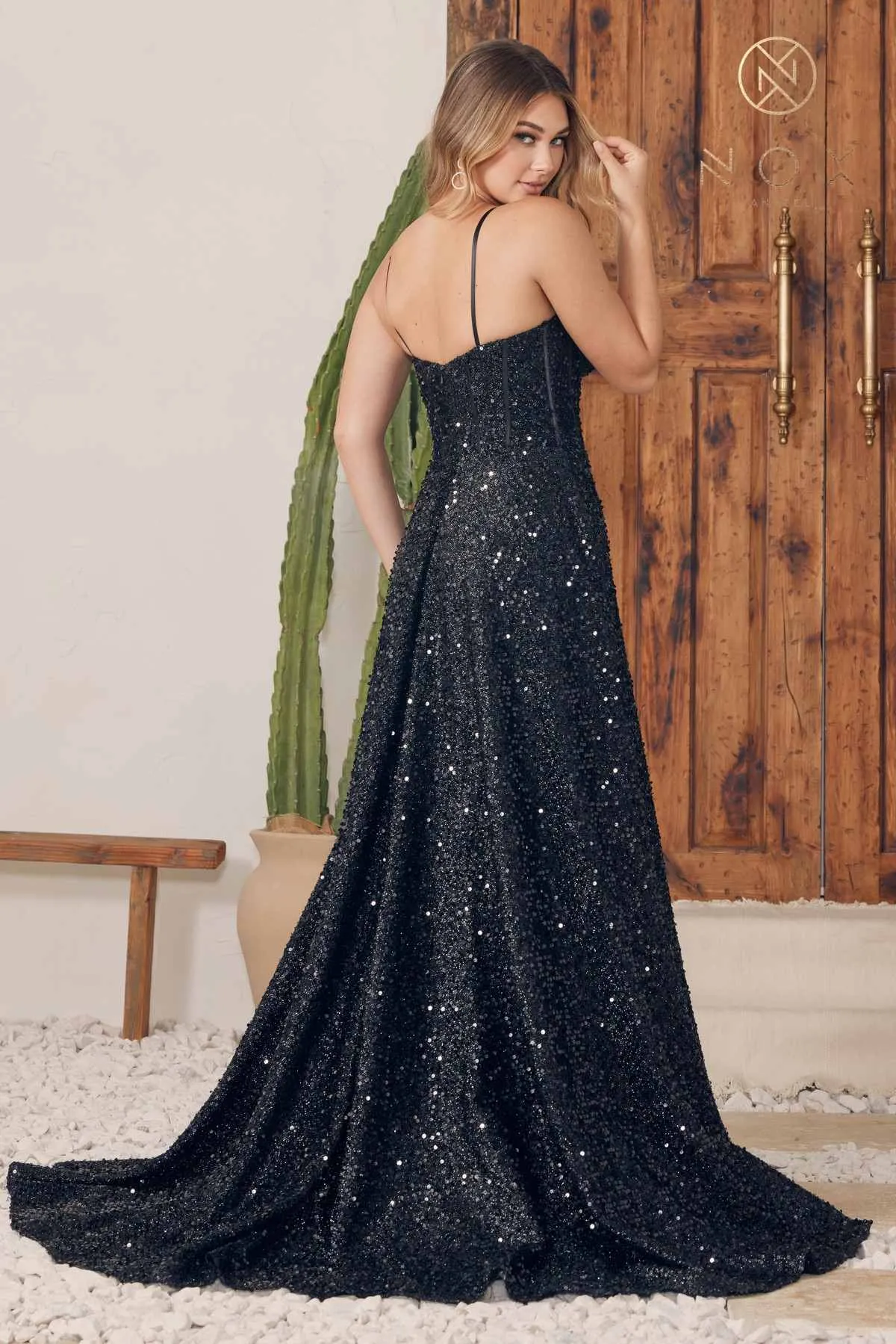 Nox Anabel A1241 Floor Length A-Line Sweetheart Neck Spaghetti Strap Sequin Gown
