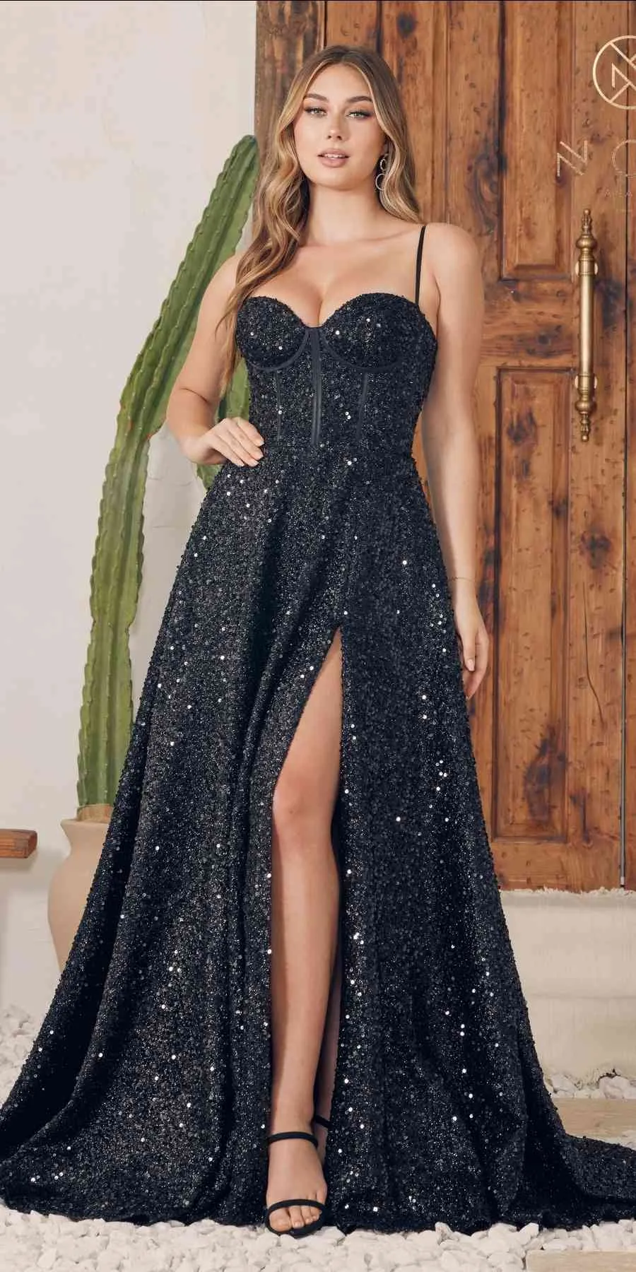 Nox Anabel A1241 Floor Length A-Line Sweetheart Neck Spaghetti Strap Sequin Gown