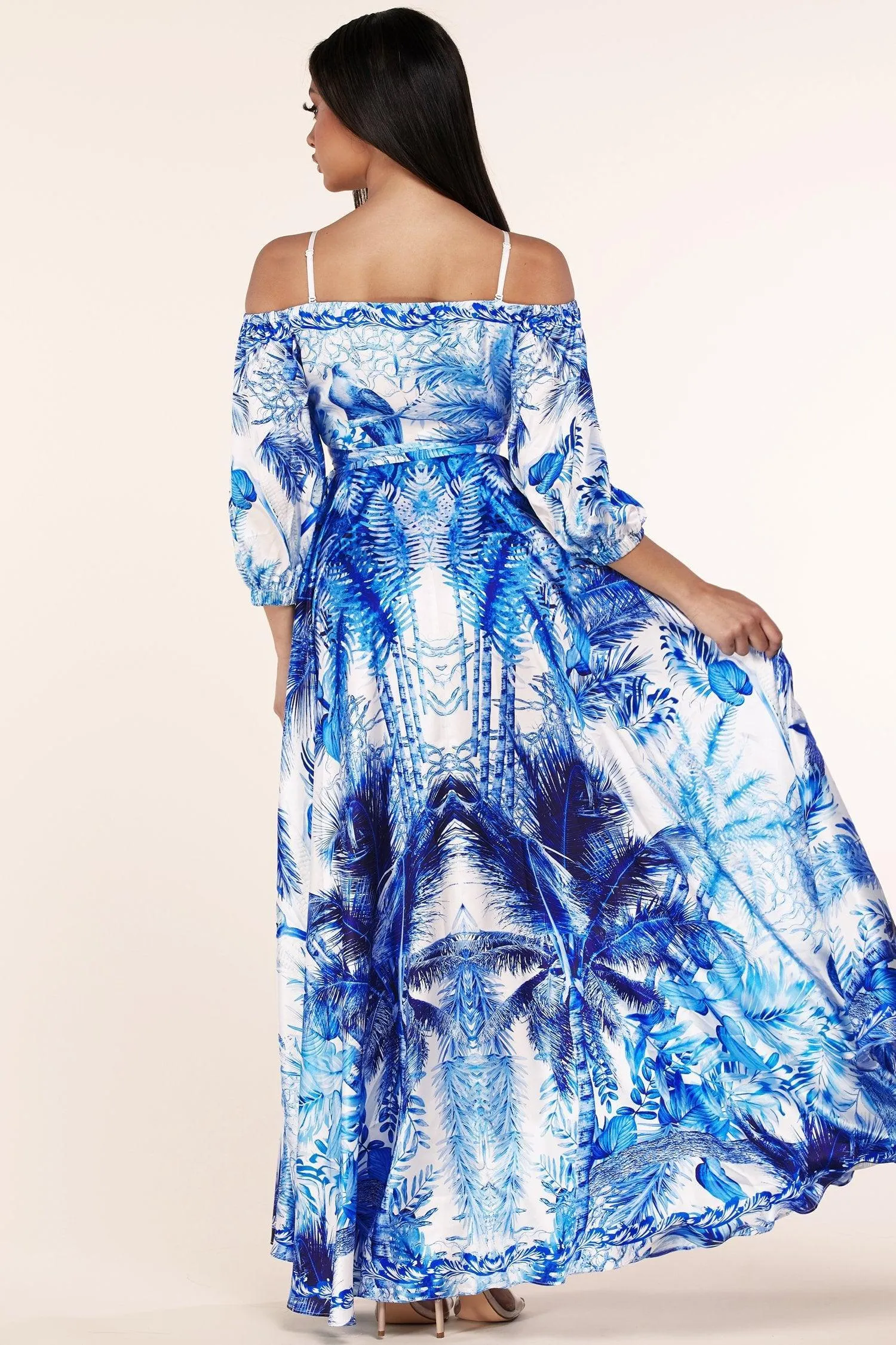 OFF SHOULDER WRAP MAXI DRESS IN A BLUE TROPICAL PRINT