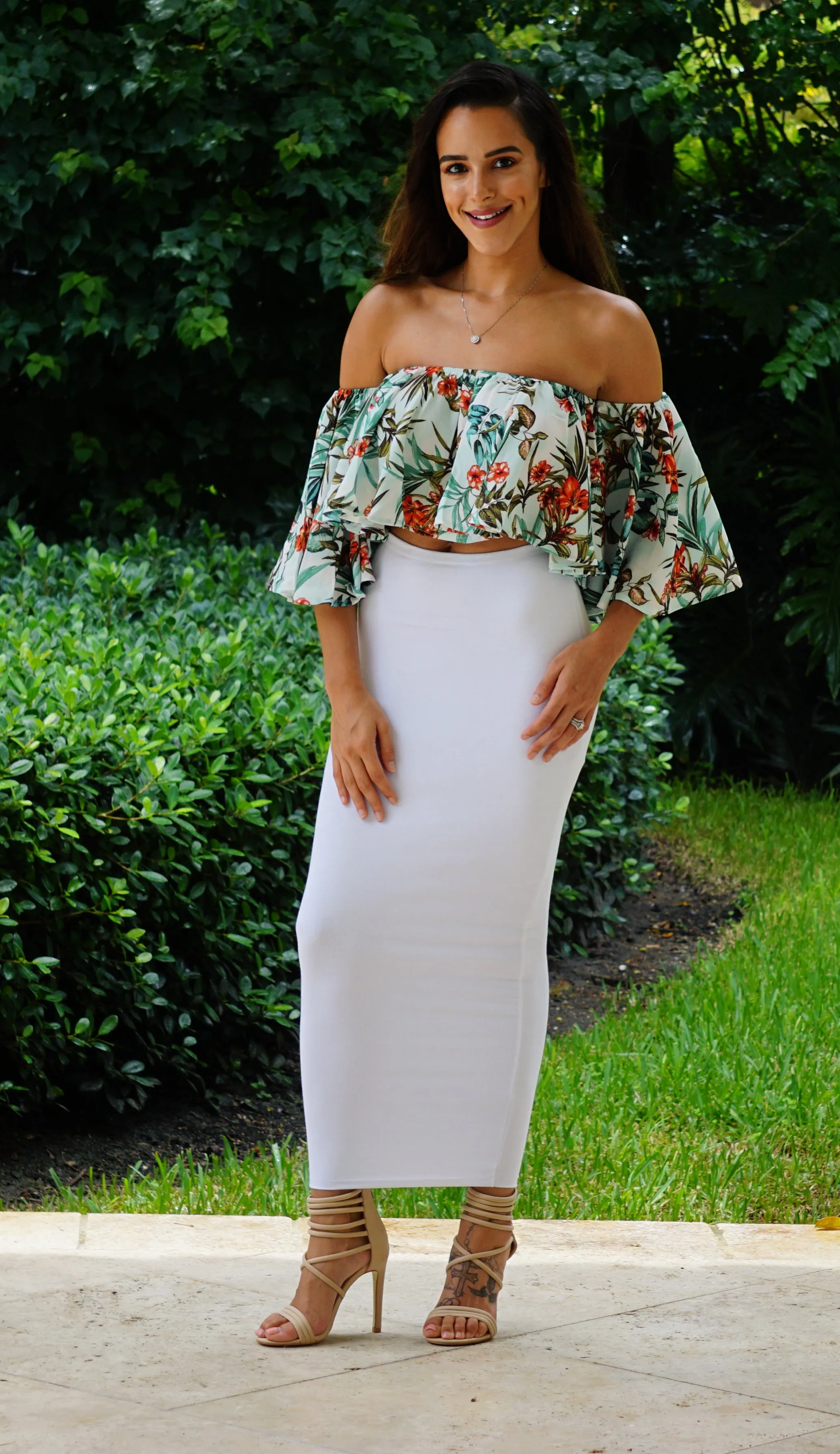 Off the Shoulder Crop Top - White/Tropical