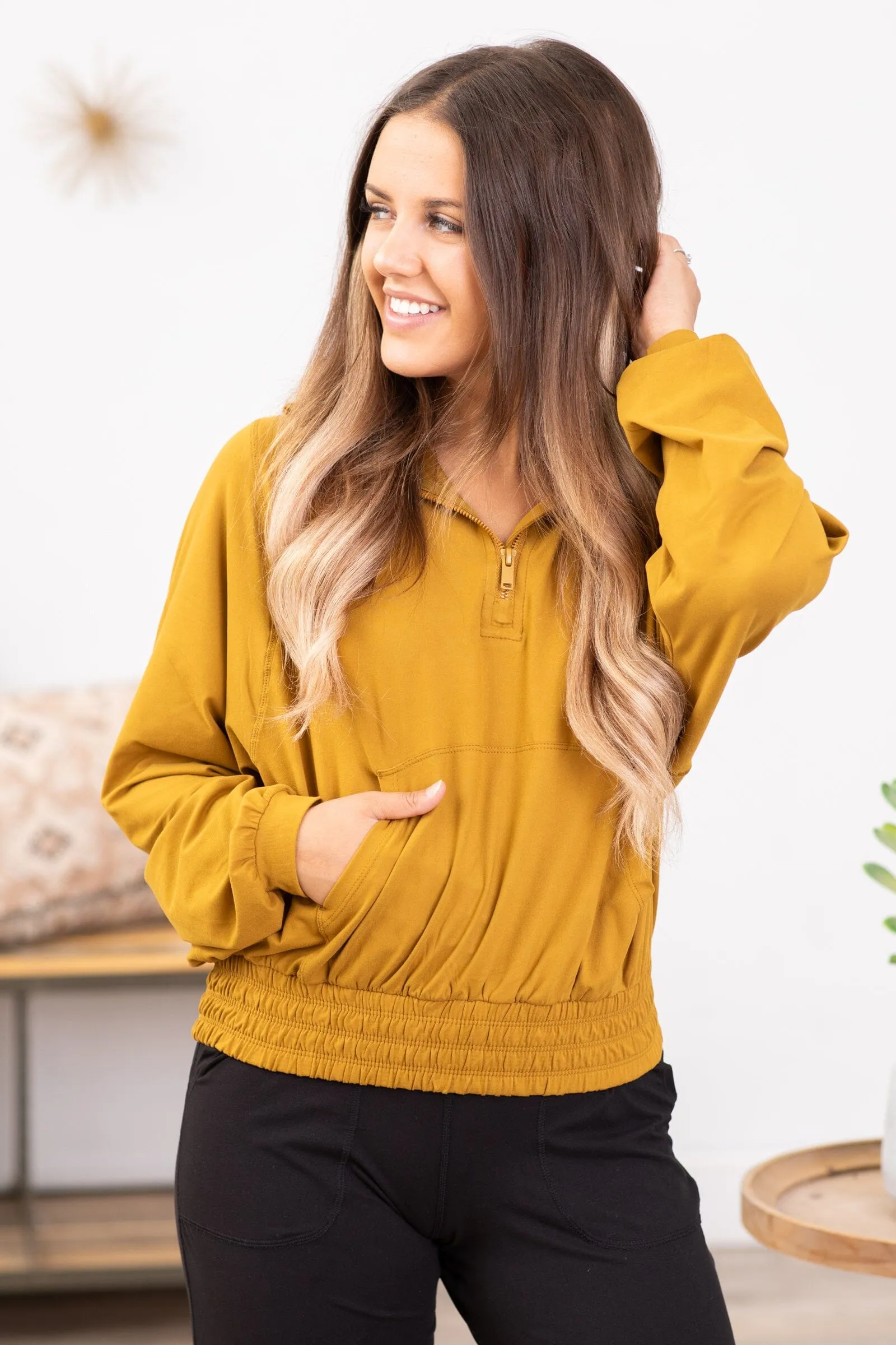 Olive Mustard 1/4 Zip Buttery Soft Hoodie