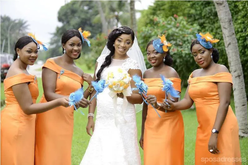 Orange Mermaid Off Shoulder Cheap Long Bridesmaid Dresses,WG1507