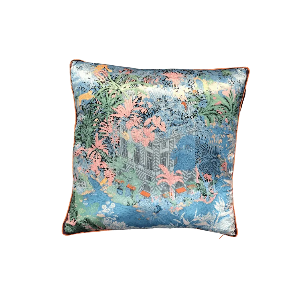 Palm Trees and Palace Blue Faux Silk Throw Pillow Cover