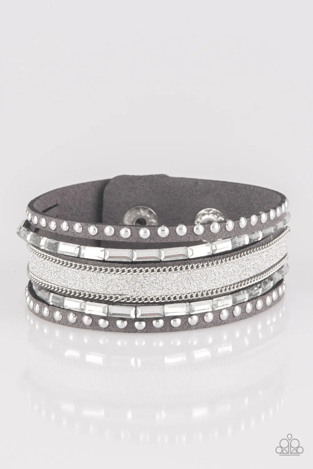 Paparazzi "Seize the Sass" Grey LEATHER Silver Studs, Chains, Rhinestones Snap Bracelet