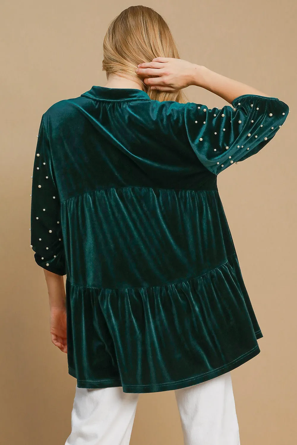 Pearl Detail Half Sleeve Velvet Babydoll Blouse