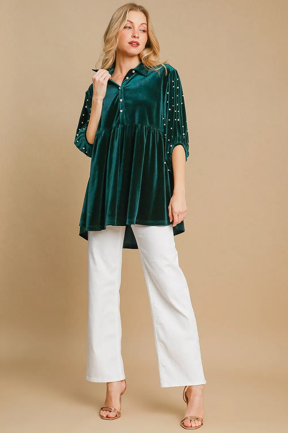 Pearl Detail Half Sleeve Velvet Babydoll Blouse