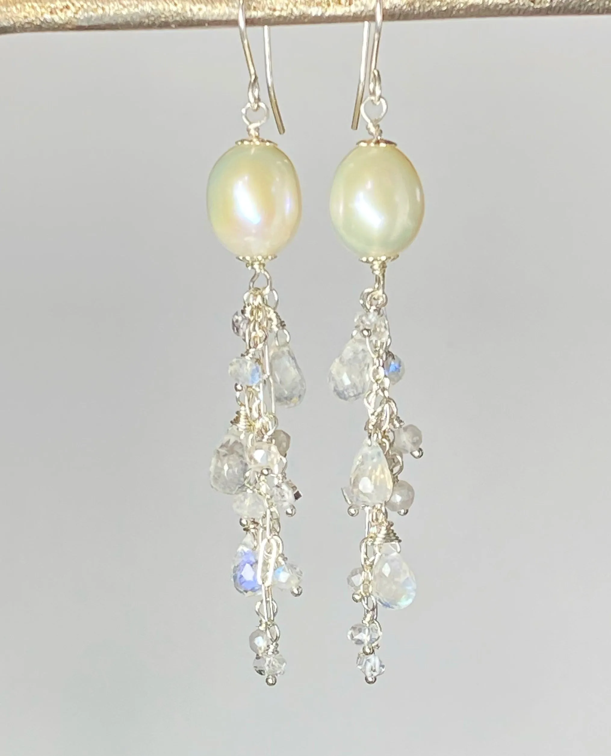 Pearl Moonstone Bridal Dangle Earrings Sterling Silver with Herkimer Diamonds