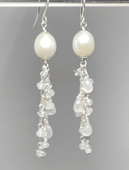Pearl Moonstone Bridal Dangle Earrings Sterling Silver with Herkimer Diamonds
