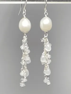 Pearl Moonstone Bridal Dangle Earrings Sterling Silver with Herkimer Diamonds