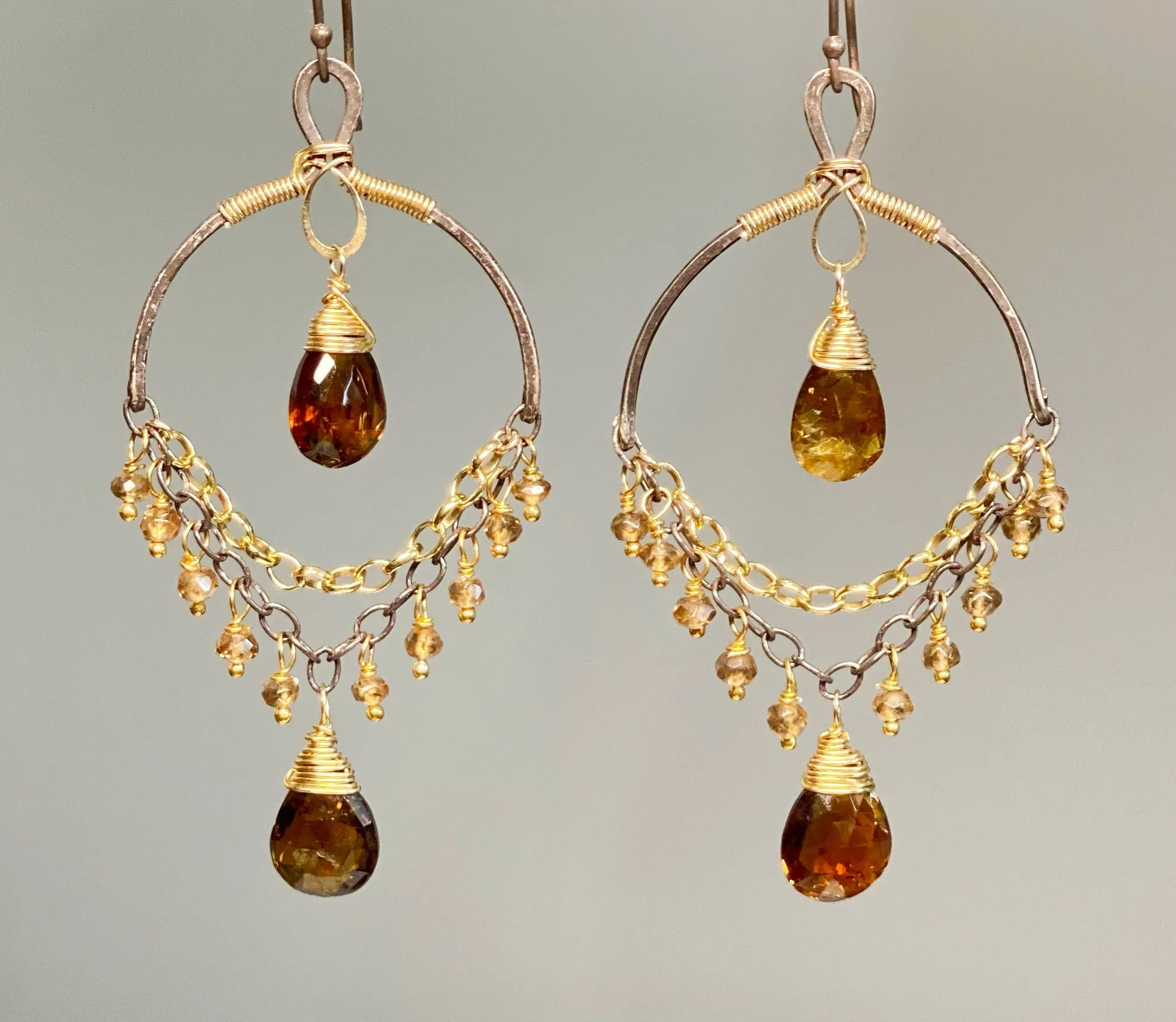 Petrol Tourmaline and Oxidized Silver Gold Earrings
