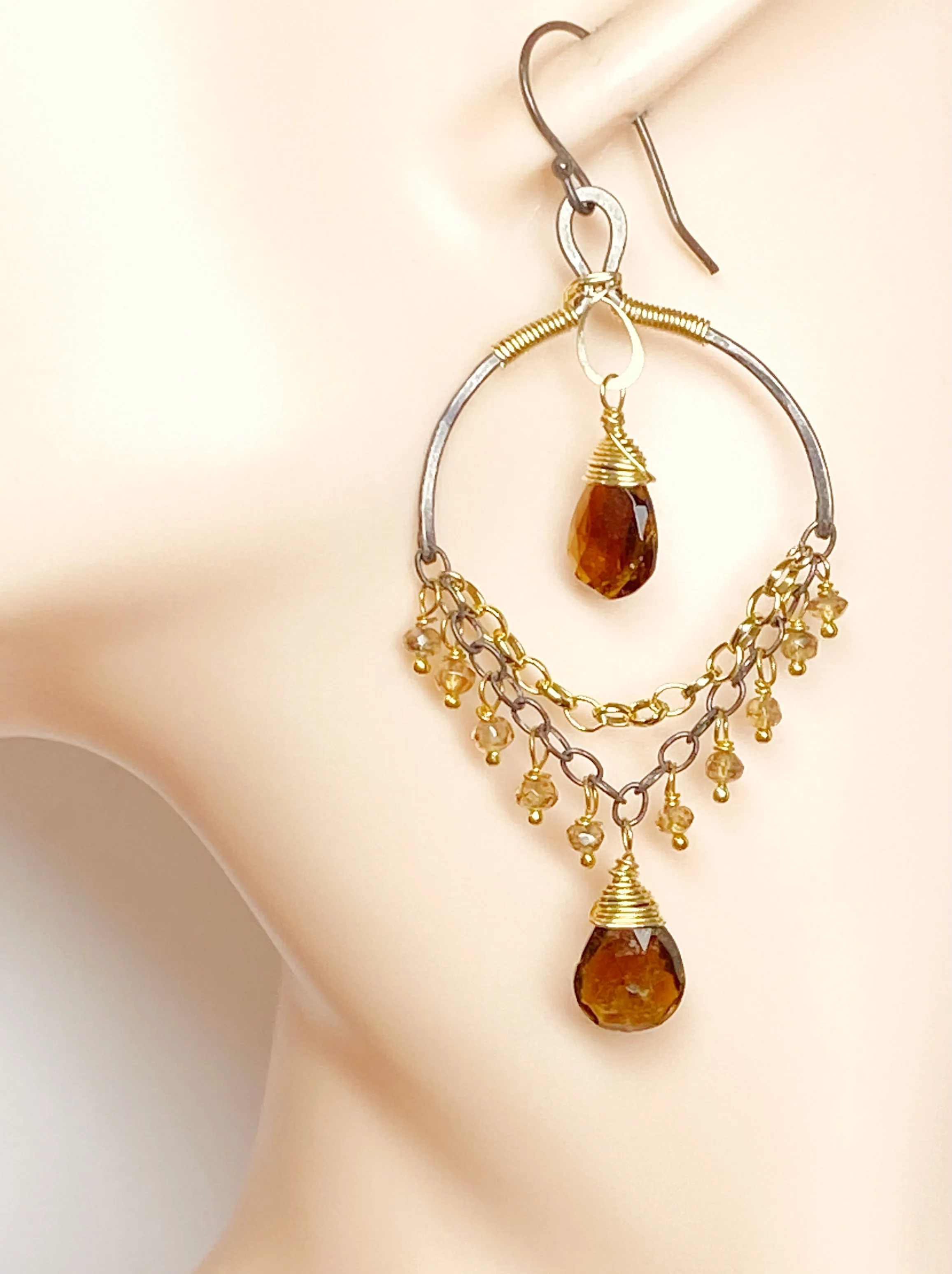 Petrol Tourmaline and Oxidized Silver Gold Earrings