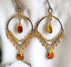 Petrol Tourmaline and Oxidized Silver Gold Earrings