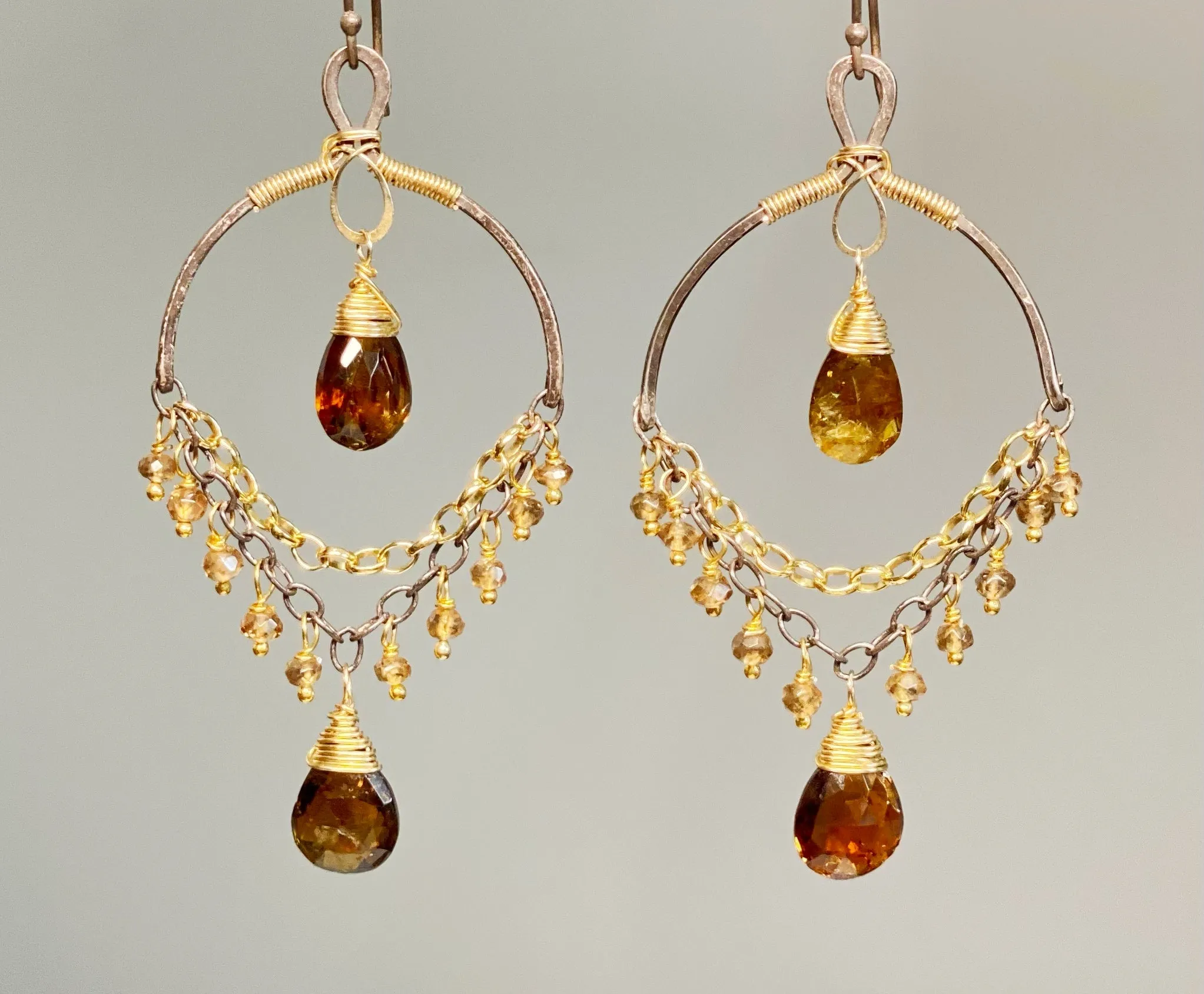Petrol Tourmaline and Oxidized Silver Gold Earrings
