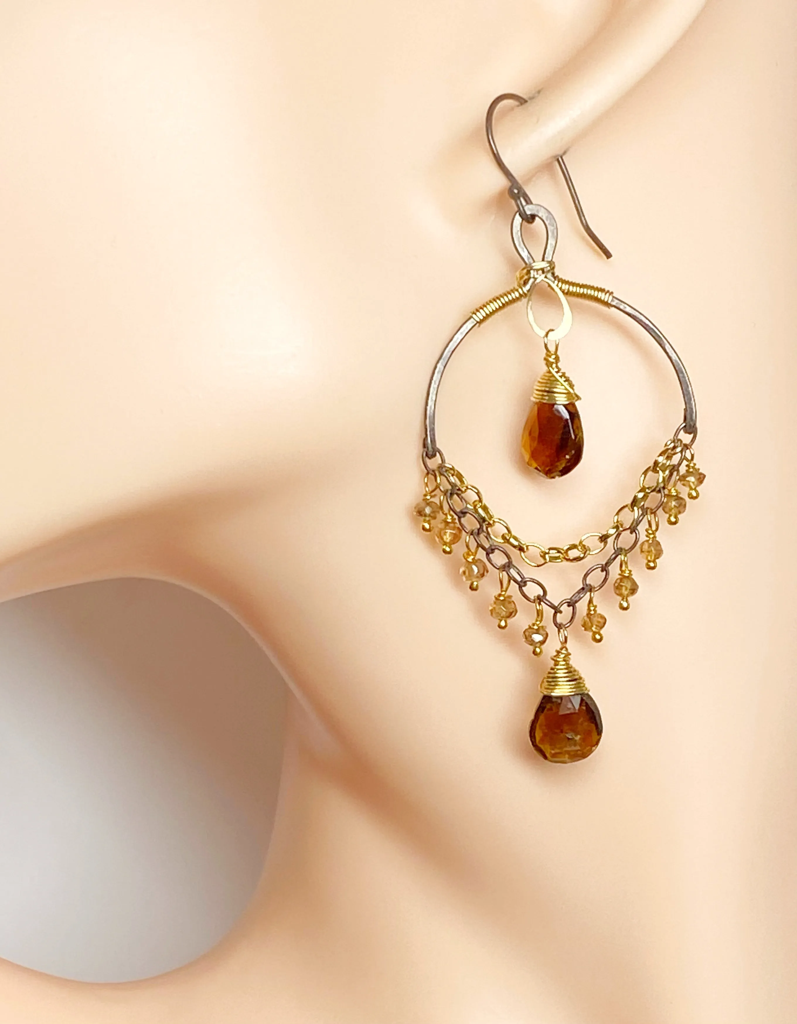 Petrol Tourmaline and Oxidized Silver Gold Earrings