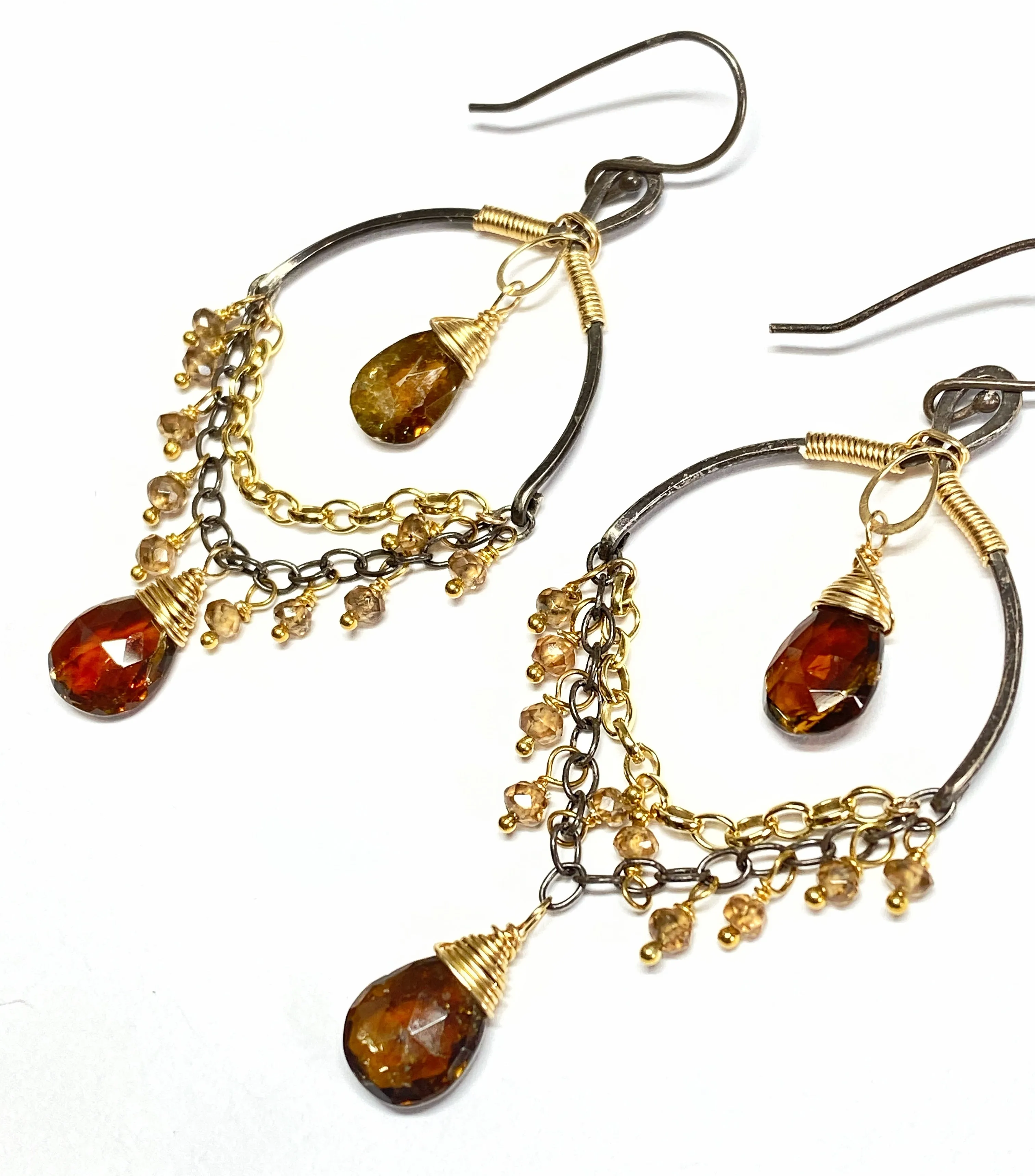 Petrol Tourmaline and Oxidized Silver Gold Earrings