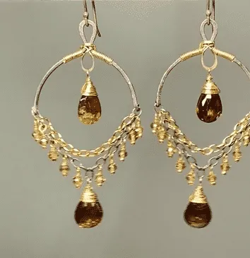 Petrol Tourmaline and Oxidized Silver Gold Earrings