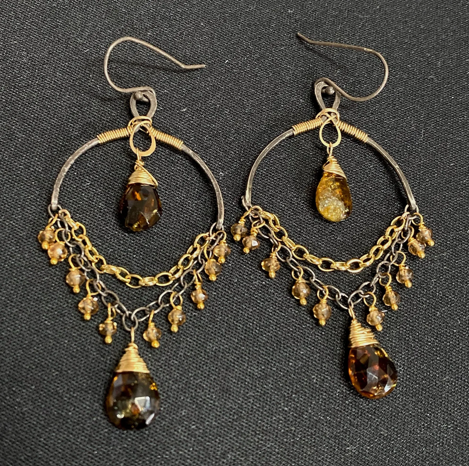 Petrol Tourmaline and Oxidized Silver Gold Earrings