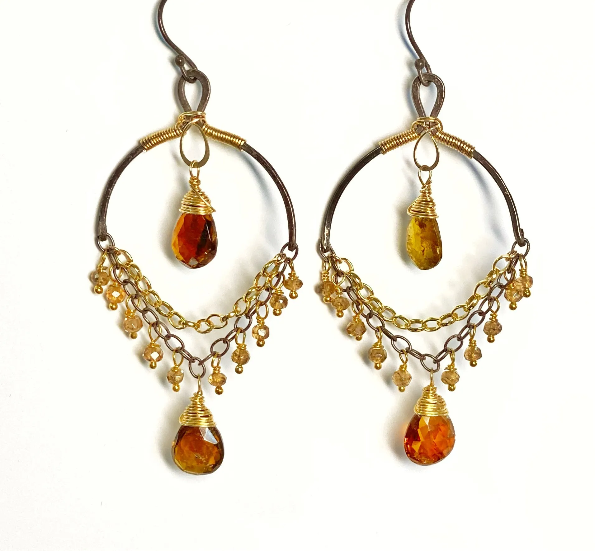 Petrol Tourmaline and Oxidized Silver Gold Earrings