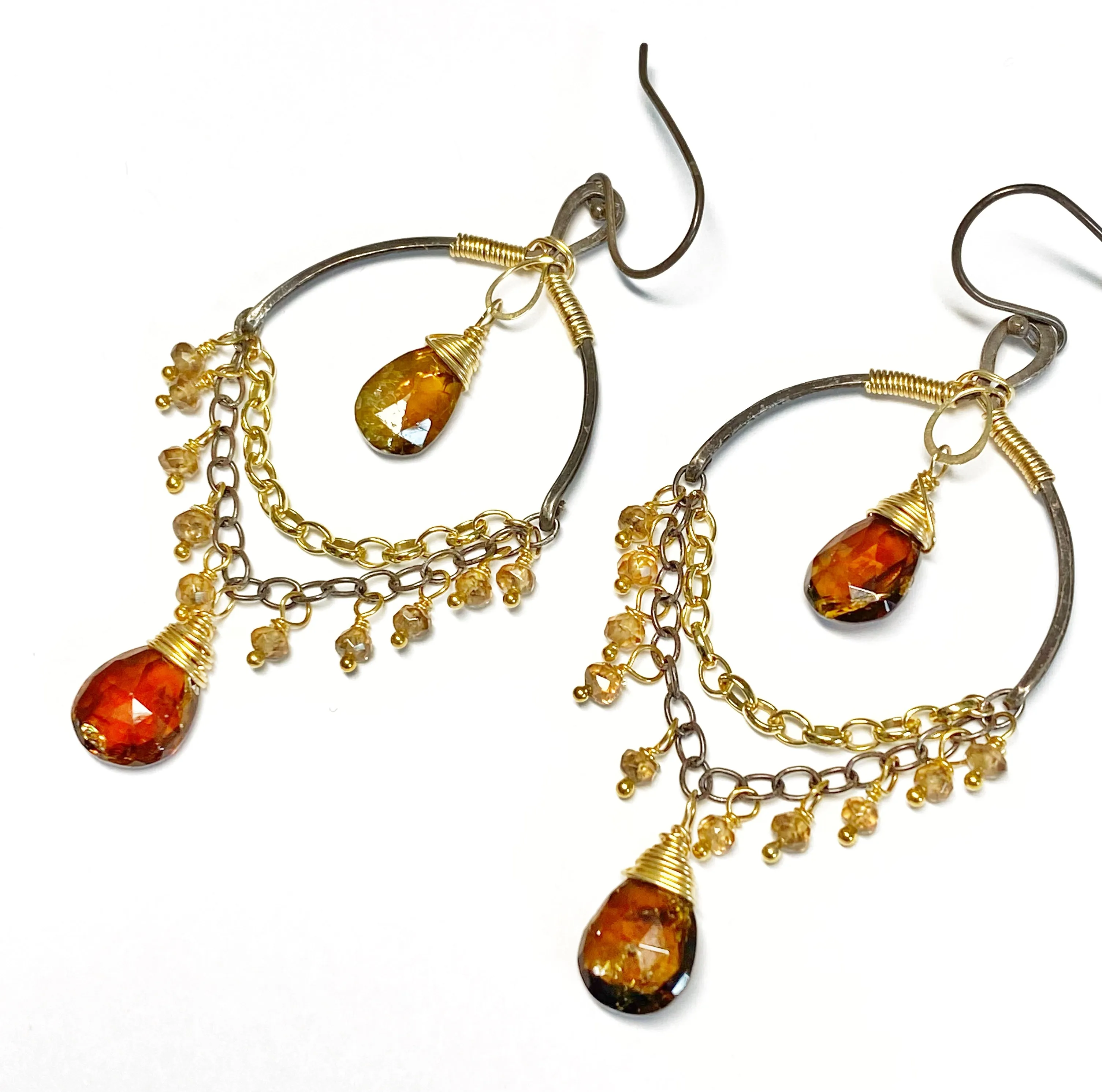 Petrol Tourmaline and Oxidized Silver Gold Earrings