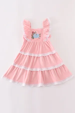 Pink Velvet Pumpkin Embroidery Tiered Dress