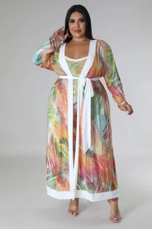 Plus   Curve Tropical Design X Back Jumpsuit Cardigan Multi-Color Set