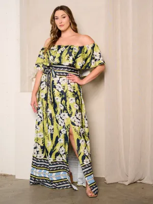 PLUS SIZE OFF SHOULDER RUFFLE FRONT SLIT FLORAL MAXI DRESS