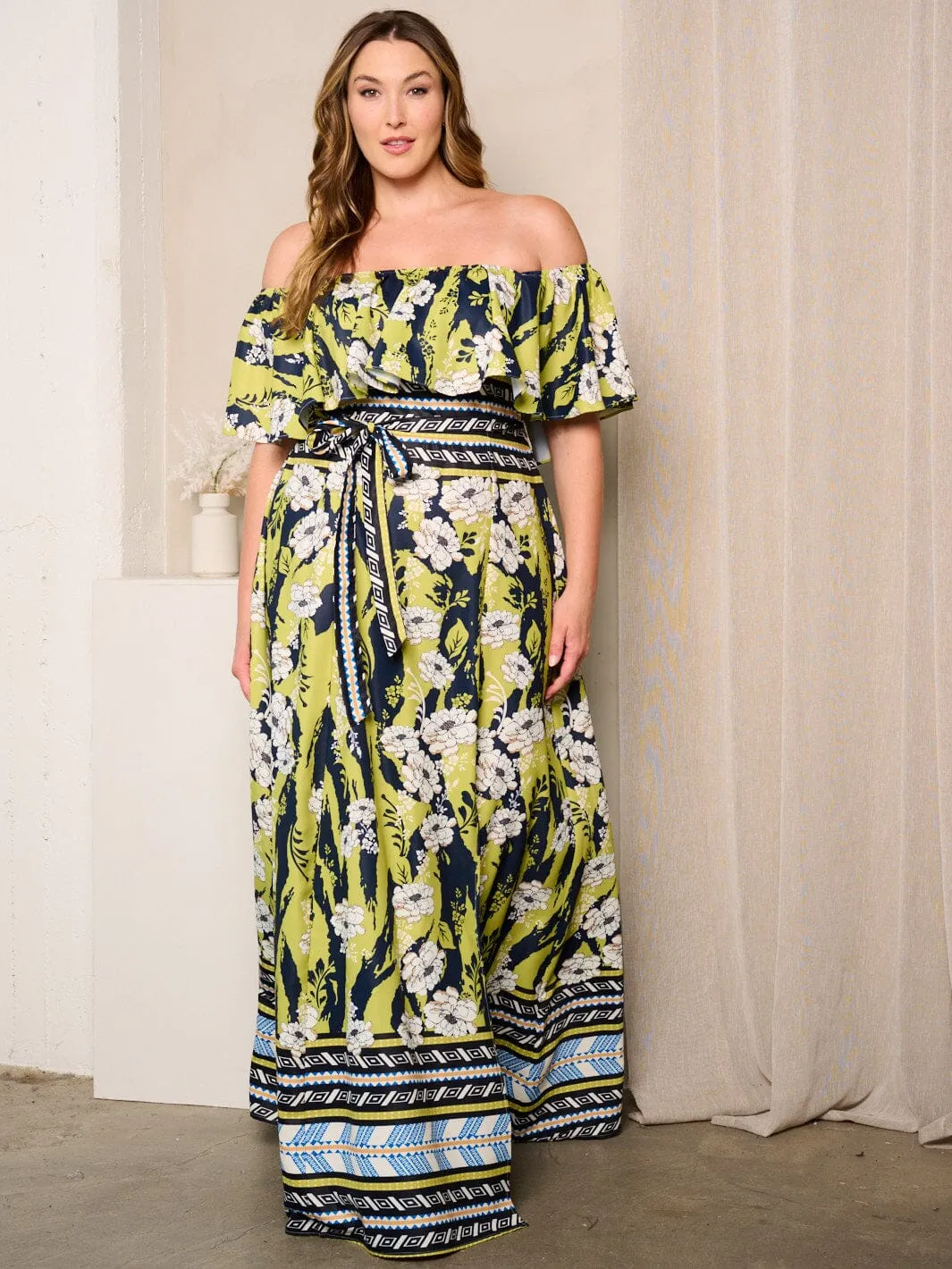 PLUS SIZE OFF SHOULDER RUFFLE FRONT SLIT FLORAL MAXI DRESS